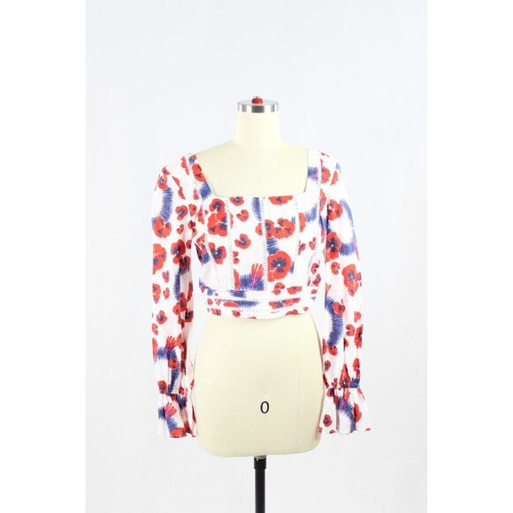 ISOLDA Floral Print Cotton Voile Embroidered Cropped Long Sleeve Blouse, Size 2 - Picture 1 of 16